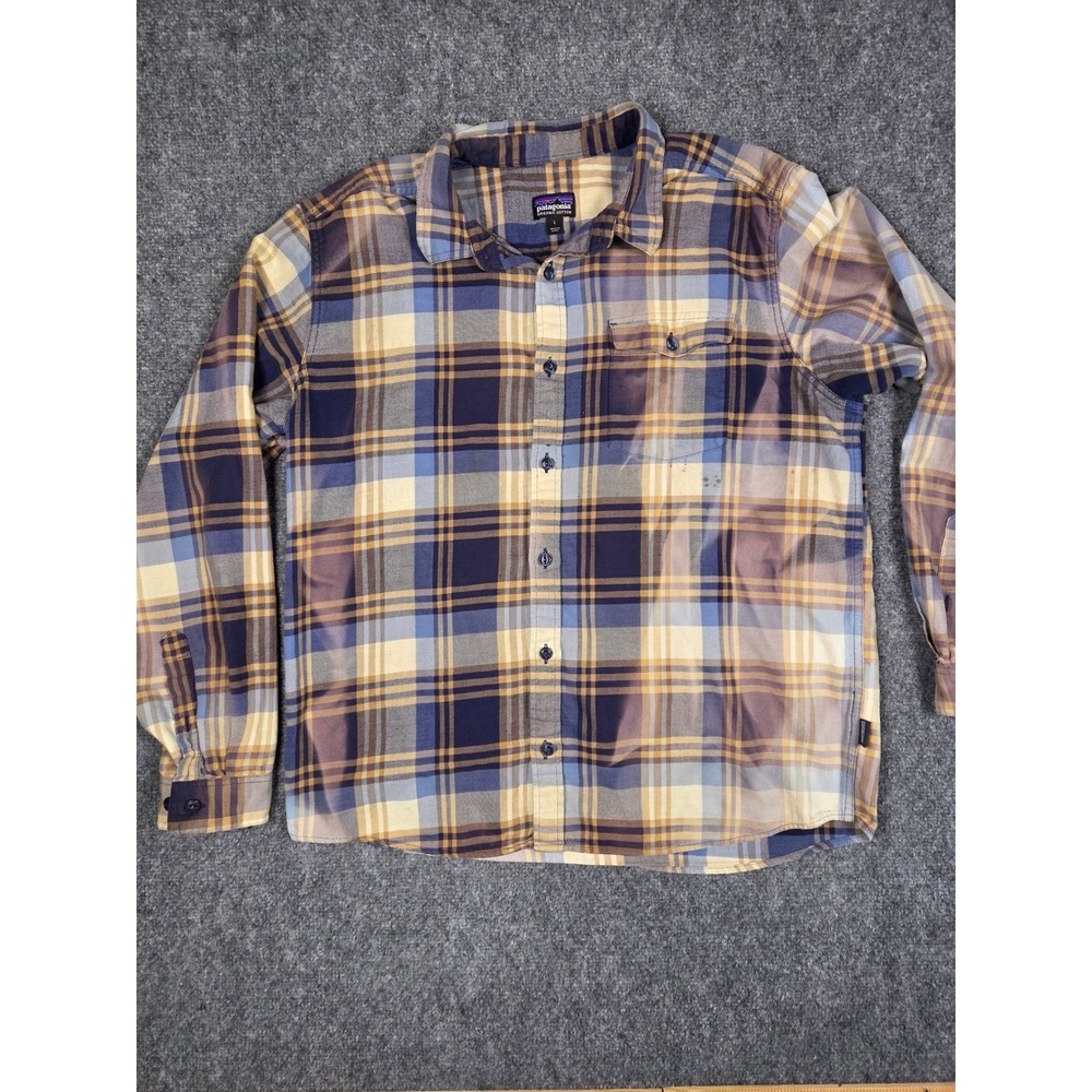 Distressed Patagonia Plaid Flannel Shirt Mens Large Blue Tan Organic Cotton